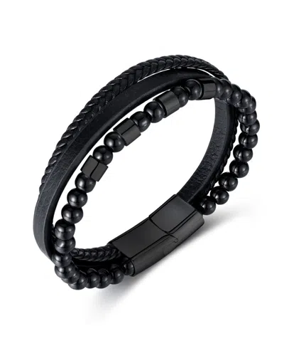 Rhona Sutton Leather Black Beaded Stainless Steel Bracelet