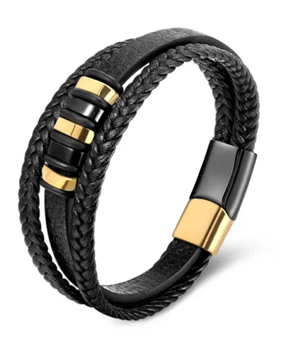 Rhona Sutton Men's Cuff Gold Plated Leather Bracelet In Stainless Steel In Black