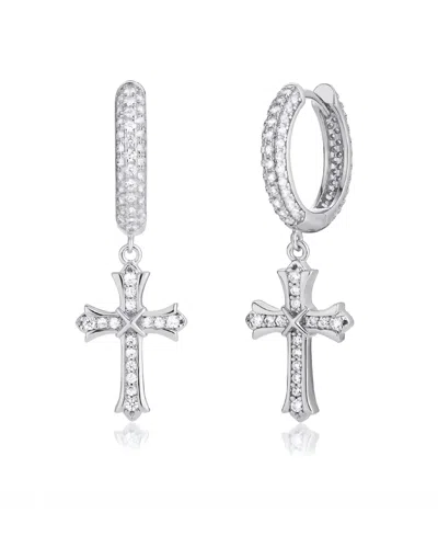 Rhona Sutton Men's Iced Cross Hoop Earrings In Sterling Silver