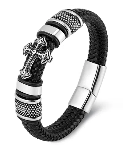 Rhona Sutton Men's Iron Crest Leather Bracelet In Stainless Steel In Black