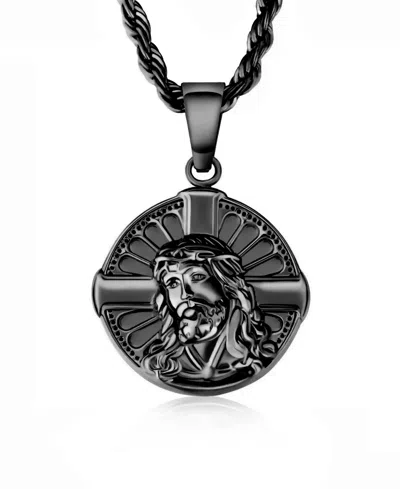 Rhona Sutton Men's Stainless Steel Black Plated Jesus Cross Coin Pendant Necklace In Purple