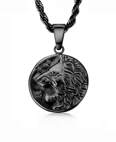 Rhona Sutton Men's Stainless Steel Black Plated Lion Coin Pendant Necklace In Gray
