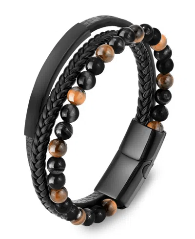 Rhona Sutton Men's Varen Cuff Tigers Eye Leather Bracelet In Stainless Steel In Black
