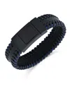 Rhona Sutton Stainless Steel Stylish Black And Blue Chunky Leather Bracelet In Silver