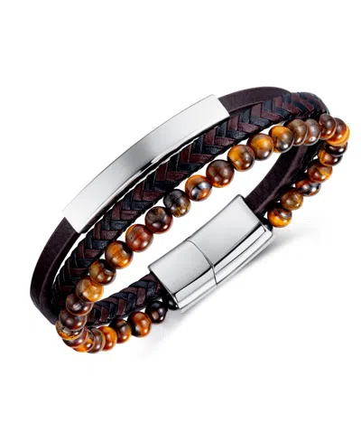 Rhona Sutton Tigers Eye Plated Leather Stainless Steel Bracelet In Silver