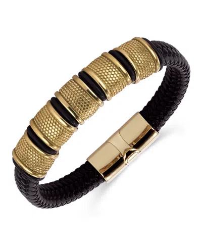 Rhona Sutton Vanguard Gold Black Leather Stainless Steel Bracelet