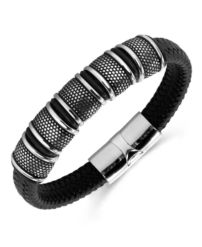 Rhona Sutton Vanguard Gun Metal Leather Stainless Steel Bracelet In Silver