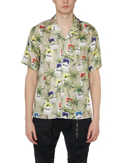RHUDE BEIGE SILK SHIRT WITH ALL-OVER PRINT AND BUTTON FRONT CLOSURE FOR MEN