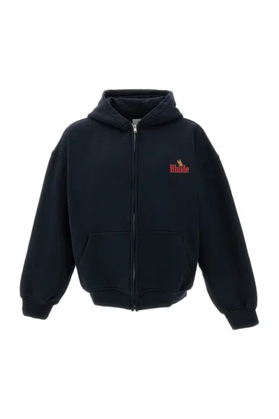 Rhude Black American Spirit Zip-up Cotton Hoodie In Blue