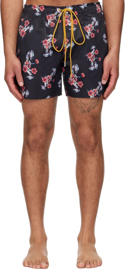 Rhude Black & Red Turbo Floral Swim Shorts In Blue