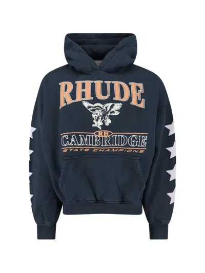 Rhude Black Cotton Jersey Hoodie With Multicolor Logo In Blue