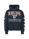 Rhude Black Cotton Jersey Hoodie With Multicolor Logo In Blue