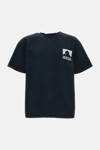 Rhude Black Crewneck Graphic T-shirt In Blue