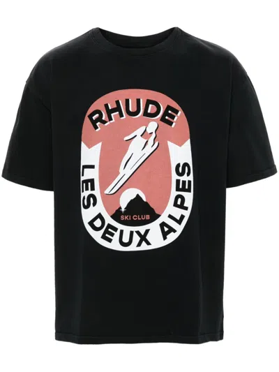 RHUDE BLACK LES DEUX ALPES COTTON T-SHIRT