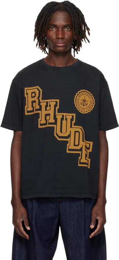RHUDE BLACK 'RHUDE' COLLEGIATE CREST T-SHIRT