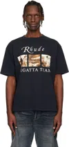 Rhude Classic Black T-shirt With Crew Neckline And Timeless Appeal In Blue