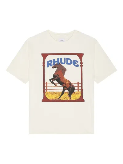 Rhude Graphic Frame Cotton T-shirt With Vintage Wash In Vtg White