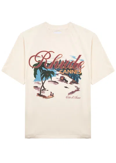 Rhude Cannes Beach Printed Cotton T-shirt In Cream