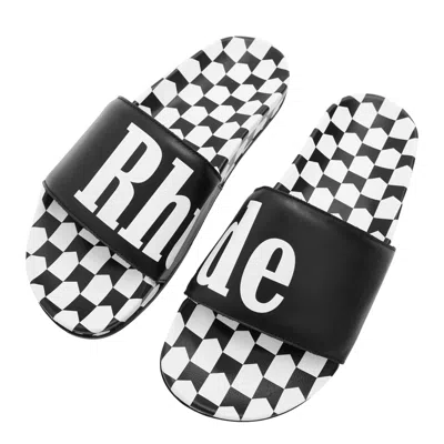 Rhude Checkered Leather Slide In Black/vtg White