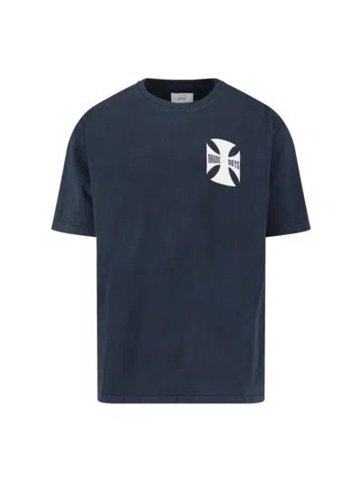 Rhude Contemporary Black T-shirt With Bold Logo Graphics In Blue