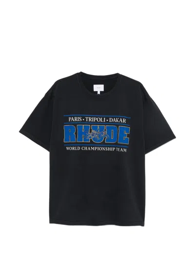 Rhude Cotton Crewneck T-shirt With Printed Front Panel In Nero