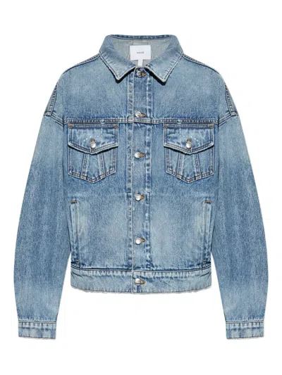 Rhude Dropneck Cropped Distressed Denim Trucker Jacket In Blue