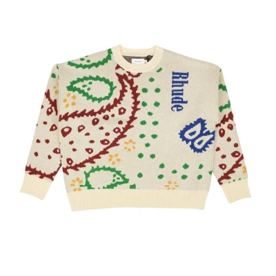 Pre-owned Rhude Creme & Multicolored Merino Wool Bandana Crewneck Size Xl $1320 In White