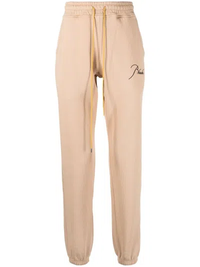 Rhude Embroidered-logo Cotton Track Pants In Neutrals