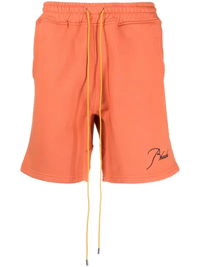 Rhude Embroidered-logo Cotton Track Shorts In Orange
