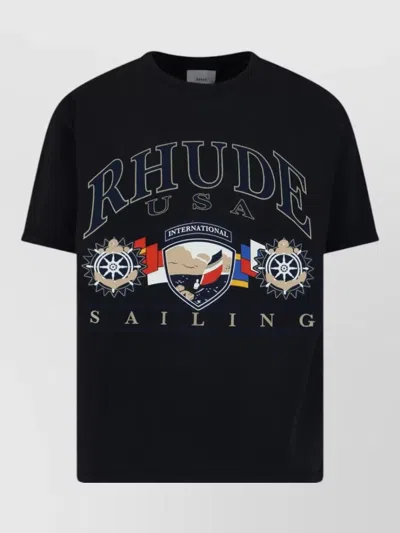 Rhude Graphic Print Crew Neck Cotton T Shirt In Black