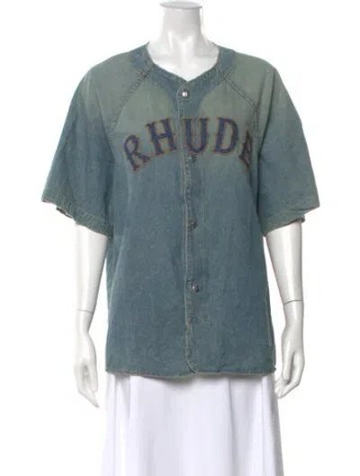 Pre-owned Rhude Graphic Print Short Sleeve Button-up Top In Blue
