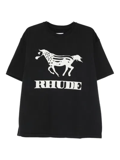 Rhude Crew Neck Short Sleeve Graphic Print T-shirt In Black