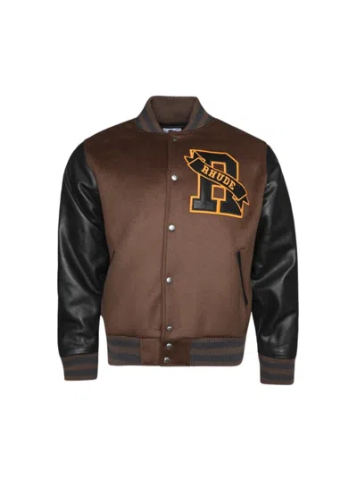 Rhude Leather-sleeved Bomber Jacket In Brown
