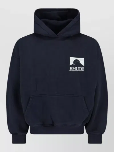 Rhude Hooded Sweatshirt Kangaroo Pocket Ribbed Cuffs Hem In Blue