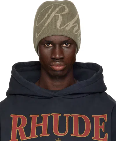 Rhude Khaki '' Script Knit Beanie In Brown/tan