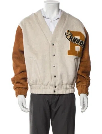 Pre-owned Rhude Leather Colorblock Pattern Varsity Jacket W/ Tags In Neutral