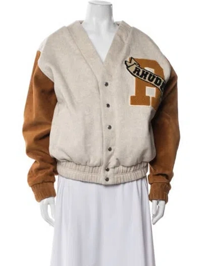 Pre-owned Rhude Leather Graphic Print Bomber Jacket In Neutrals