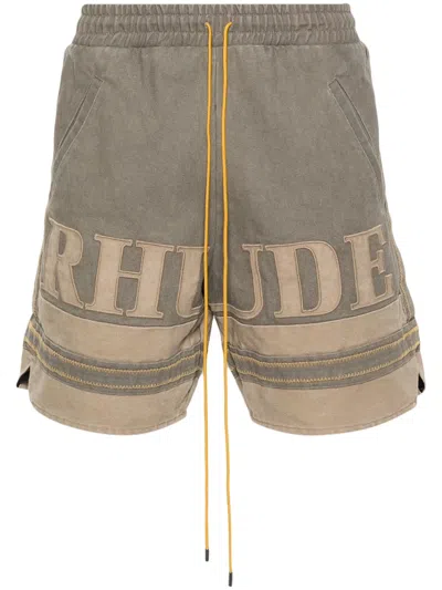 Rhude Straight-leg Logo-appliquéd Striped Cotton-canvas Drawstring Shorts In Green