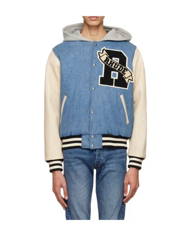 Rhude Blue Hooded Bomber Jacket In Multi