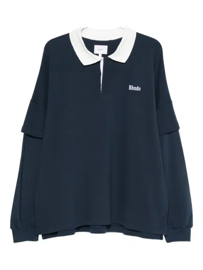 Rhude Layered Long Sleeve Pique Polo Shirt In Blue