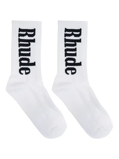 Rhude Logo-intarsia Socks In White