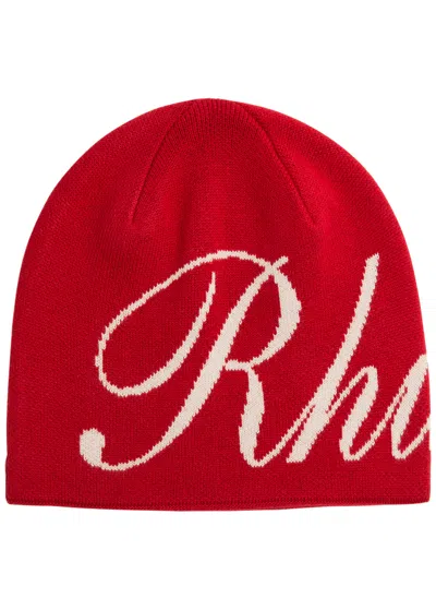 Rhude Logo-intarsia Wool-blend Beanie In Red