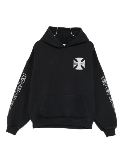 Rhude Contrast Print Black Hoodie With Kangaroo Pocket In Blue