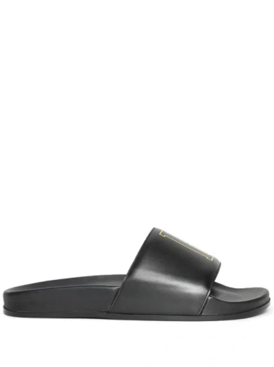 Rhude Logo-print Leather Slides In Grey