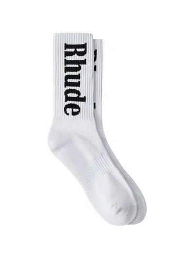 Rhude Logo-intarsia Ribbed Socks In White