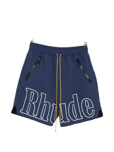Rhude Logo Nylon Beach Shorts Multiple Pockets In Blue