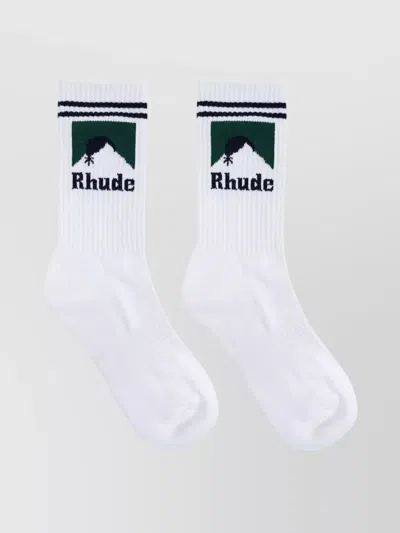 Rhude Lunar Intarsia Mid-calf Ribbed Socks In White/navy/green