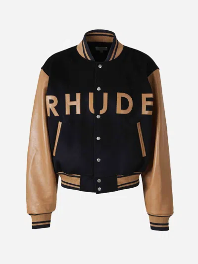 Rhude Mens Navy/camel Brand-appliqué Contrast-sleeve Regular-fit Wool Jacket In Multi