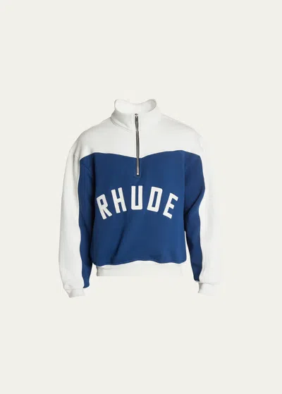 Rhude Men's Logo Colorblock Cotton Terry Varsity Sweatshirt In Mid-night Blue/cr