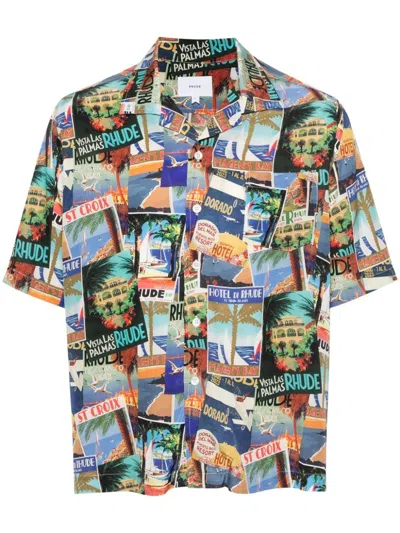 Rhude Postal Card-print Bowling Shirt In Blue